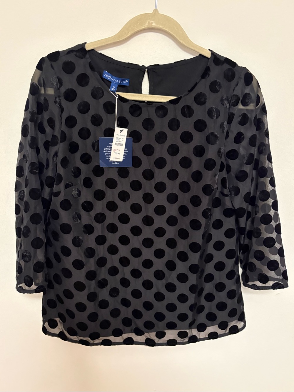 NWT RSVP by Talbots Black Velvet Polka Dot Sheer Blouse Top Size XS coquette